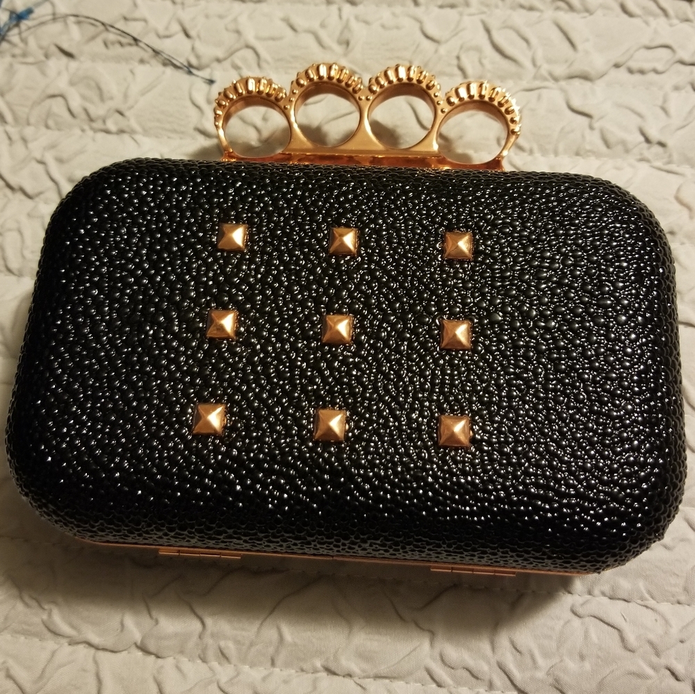 New! Rose gold and black stoned knuckle clutch - black velvet interior lining.